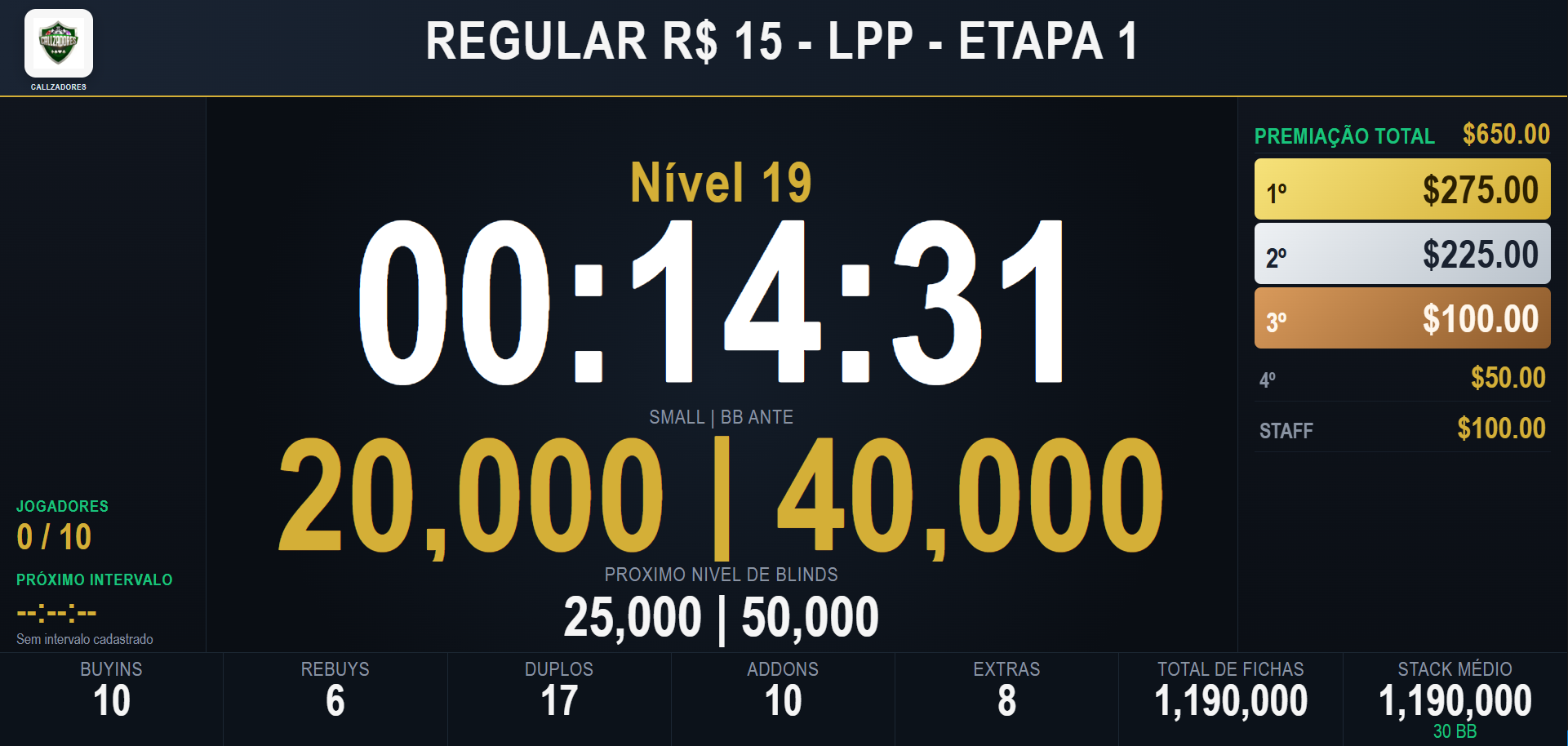 Tela pública do Play Organizer em um torneio